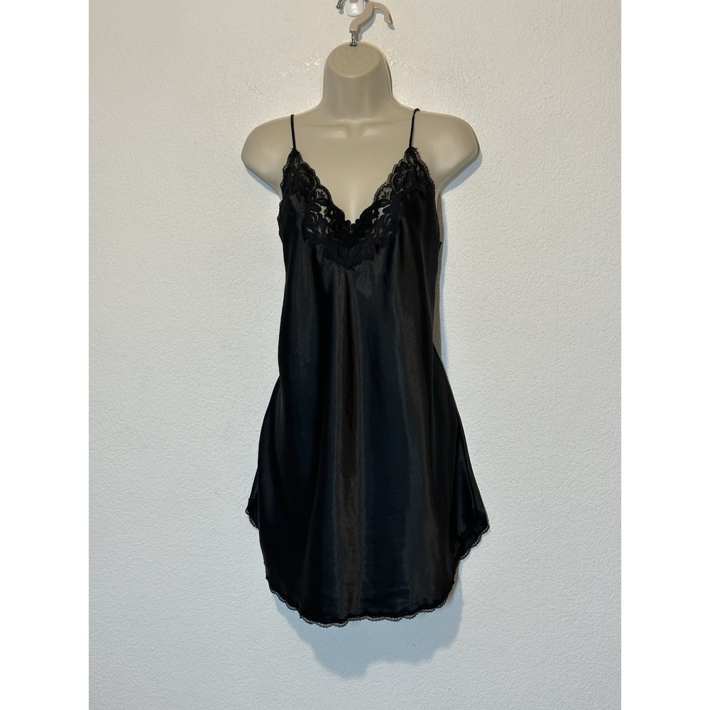 Vtg 80s Black Satin Lace Slip Dress Chemise Size L‎ Boudoir Chic Goth Romantic